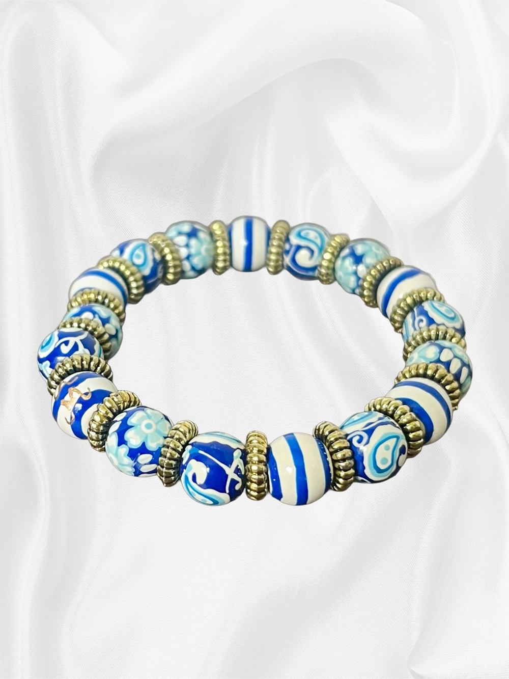 EUC Angela Moore Vintage Blue Coastal Hand-Painted Stretch Bracelet - Picture 1 of 12